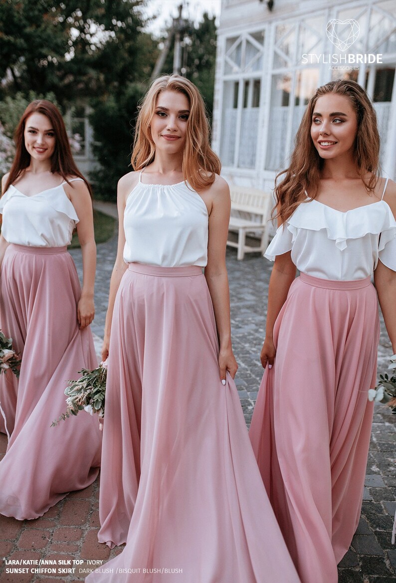 Blush Palette Chiffon Bridesmaid Separates: Chiffon Sunset Full Sun Flying A-line Skirts and Silk Tops available in Plus Sizes image 6