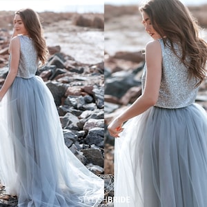 Illusion Ombre Dress, Grey Glitter Star Boho Wedding Dress, Prom Glitter Tulle Dress Plus Size, Bridal Separates, Wedding image 1