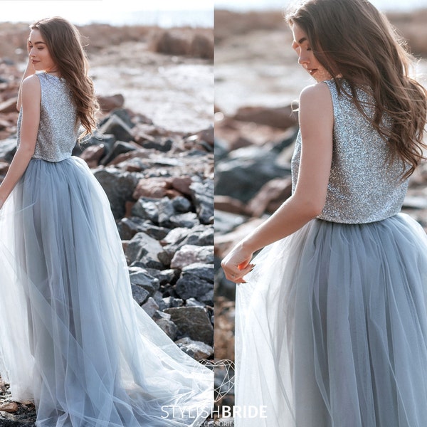 Illusion Ombre Dress, Grey Glitter Star Boho Wedding Dress, Prom Glitter Tulle Dress Plus Size, Bridal Separates,  Wedding