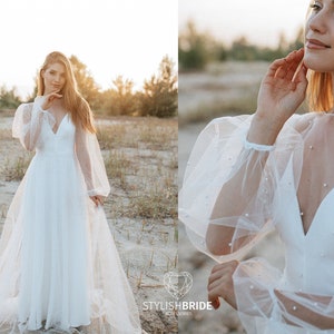 Pearled bridal dress, 2 pieces dress, pearl tulle wedding dress with silk satin slip dress, pearl bridal dress | Secret pearl