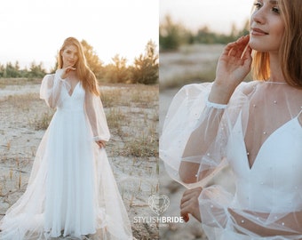 Pearled bridal dress, 2 pieces dress, pearl tulle wedding dress with silk satin slip dress, pearl bridal dress | Secret pearl