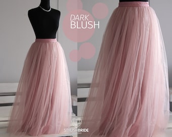 Dark Blush Long Tulle Skirt Casual Floor length Women&#39;s, Tulle Skirt Pink Bridesmaids Women Tulle Skirt, Wedding Long Tulle Skirt