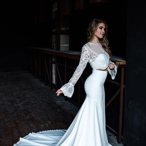 Lia Fit and Flare Bridal Skirt with Bell Sleeves Veronica Allure Lace Bridal Top, Fitted Bridal Lace Dress with Train, Fitted Bridal Skirt
