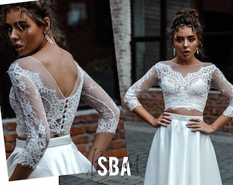 Rosaleen Off Shoulders Lace Top with Long Sleeves, Low Shoulders Lace Bridal Top Buttoned Back, Engagement Lace Party Top, SBA