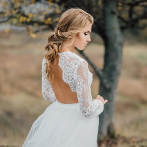Sophia Boho Backless Bridal Lace Tulle Dress, Open Back Simple Wedding Rustic Gown, New  Bridal Separates