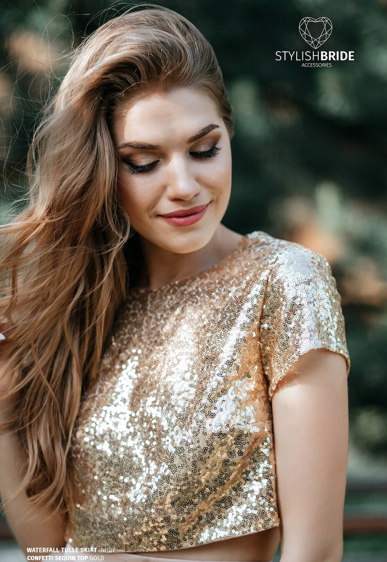 T-shirt Gold Sequin crop top with Silk Satin Soft Lux Lining, Confetti Bridesmaids Gold Sequined Blouse Plus Size image 1