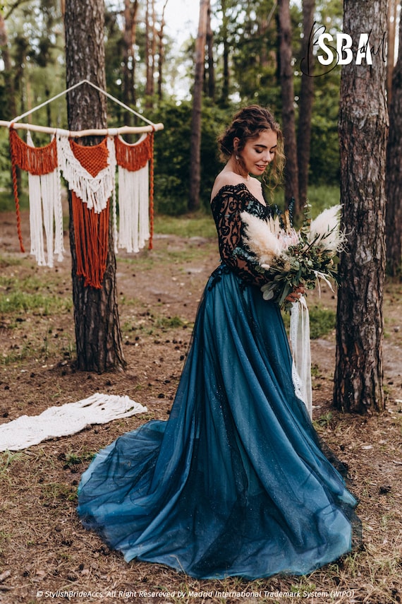 Indigo and Black Bridal Lace Dress Boho Off-shoulder Black Floral Lace Crop  Top and Navy Blue Tulle Glitter Skirt Alice Lux & Shadow Skirt 