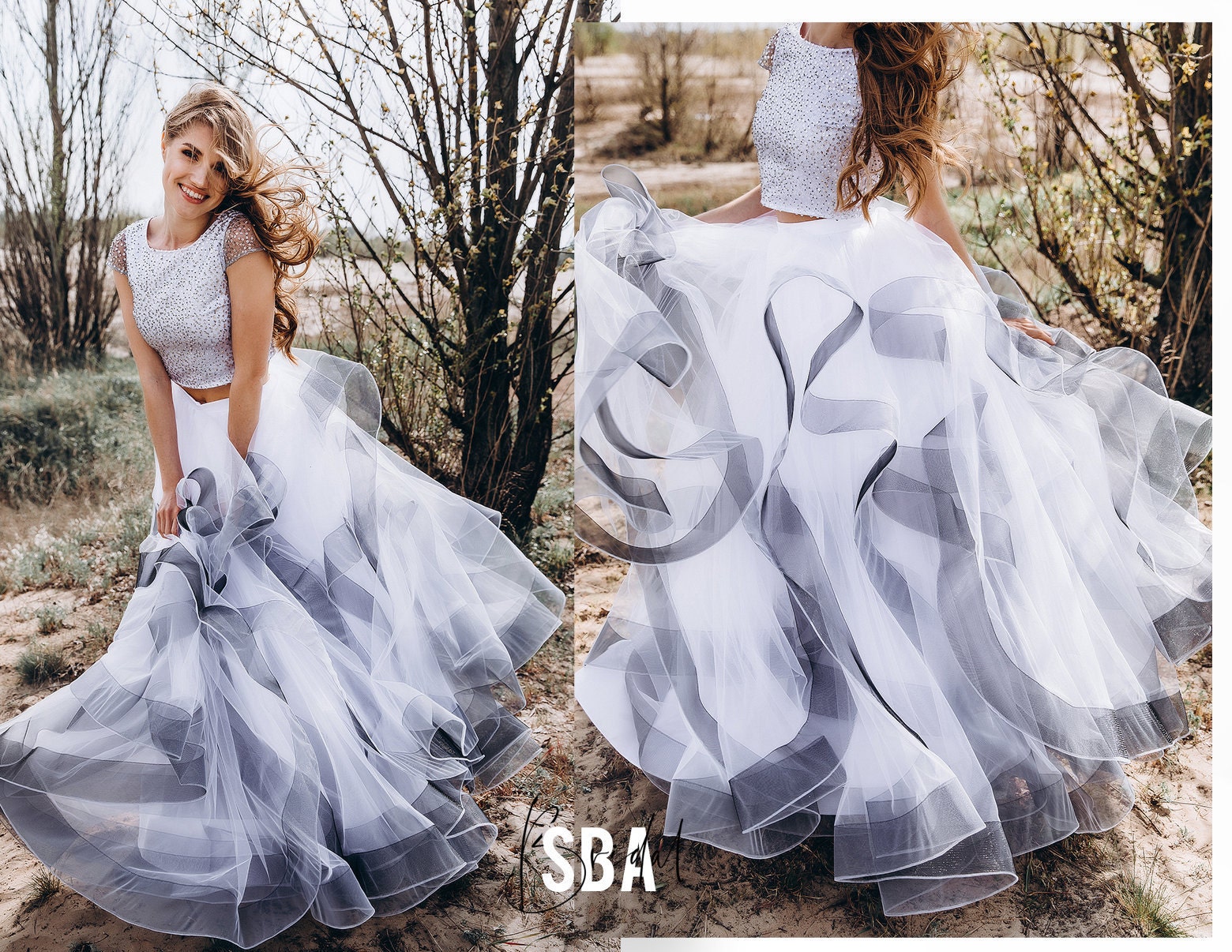 Swan Horsehair Tulle Ombre Bridal Dress Ivory Black Grey Wedding Gown Bridal Separates Top and Skirt With Horsehair Trim Swan Mermaid