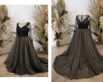 Black nude tulle wedding dress with lace top, black gothic dress with long train | Mia black separates - 3 pieces dress