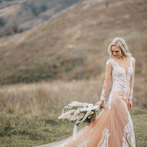 Penelope Second Skin Effect Boho Wedding Dress with Nude Underlay with Train, Champagne Nude Tulle Bridal Gown Lace Appliqués, SBA image 2