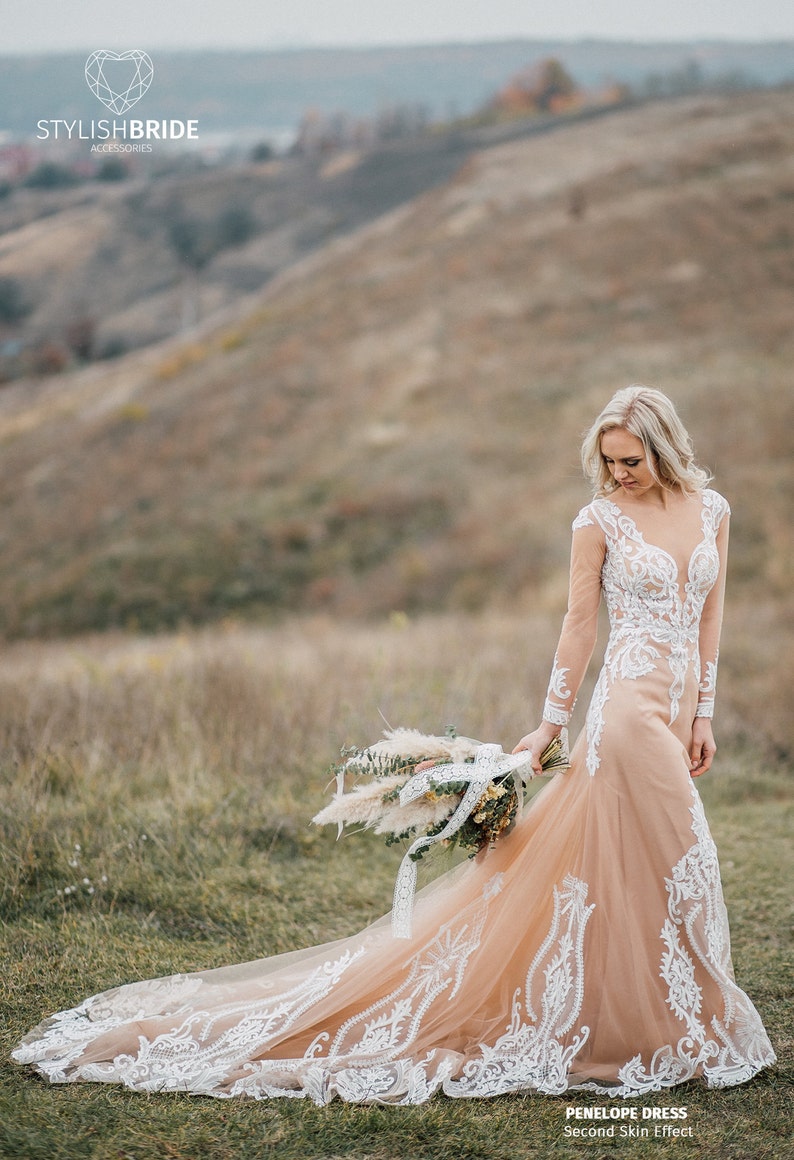 Penelope Second Skin Effect Boho Wedding Dress with Nude Underlay with Train, Champagne Nude Tulle Bridal Gown Lace Appliqués, SBA image 2