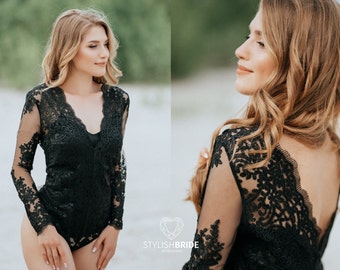 Black Boho Floral Lace Bodysuit Backless Bridal Bodysuit with Open Back Wedding Botanical Bodysuit Black Lace Top Plus Size l Mary Bodysuit