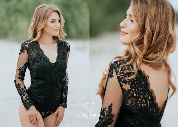 Black Boho Floral Lace Bodysuit Backless Bridal Bodysuit With Open Back  Wedding Botanical Bodysuit Black Lace Top Plus Size L Mary Bodysuit 