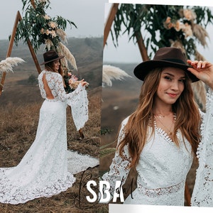 Macrame Meribel Boho Bell Sleeves Bridal Dress, Bohemian Long Open Back Lace Wedding Dress With Train  2021