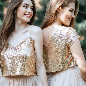 T-shirt Gold Sequin crop top with Silk Satin Soft Lux Lining, Confetti Bridesmaids Gold Sequined Blouse Plus Size image 4