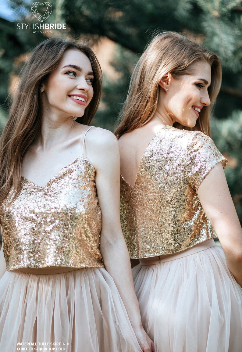 T-shirt Gold Sequin crop top with Silk Satin Soft Lux Lining, Confetti Bridesmaids Gold Sequined Blouse Plus Size image 4