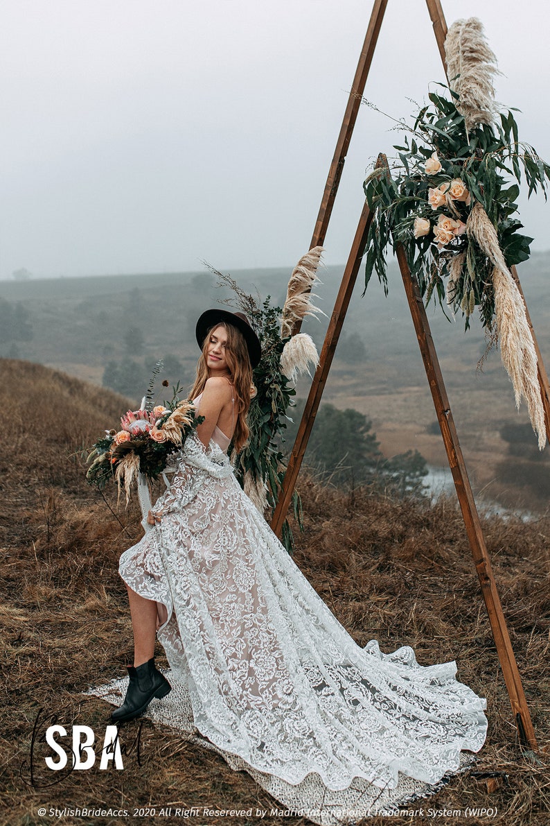 Wedding Arch, Boho Wedding decor, Triangle Wedding Arch, Boho decor, Backdrop Rustic arch, Wooden A-Frame Wedding Arbor, Outdoor decoration image 9