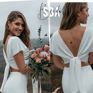 Charlie Silk Bridal Top with Bow on the back, Silk Blouse Plus Size Handmade Luxury Work, Simple Silk Top, Bridesmaids Silk Top