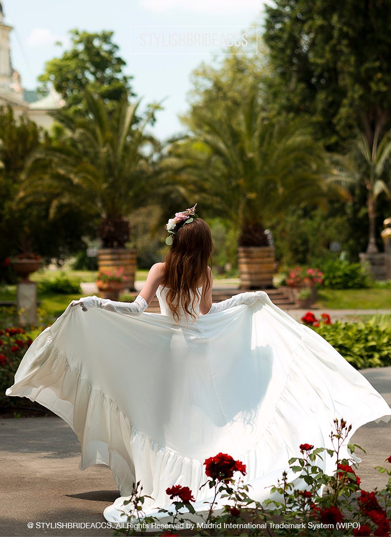 Euphoria: Trendy Wedding Dress Set With Voluminous Silk Satin Ruffle Skirt, Bridal Corset and High Satin Gloves image 7