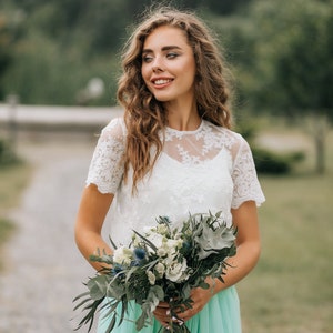Belle Buttoned Back Bridesmaids Lace Crop Top available in Plus Size with Silk Under top - 2 pieces set, Lace Evening Bridal Blouse