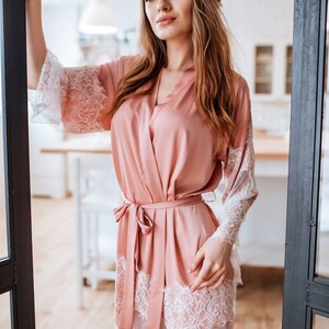 Birthday Gift - Blush Silk Satin Robe, Bridal Robe with Wide Lace Trim, Gift for Her, Gift for Bride, Handmade Wedding Gift | Tenderness
