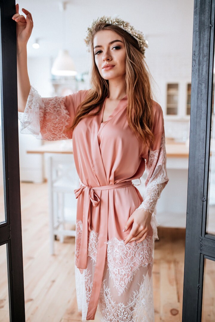 Blush Silk Robe Blush Bridal Robe With Wide Lace Trim Gift Etsy