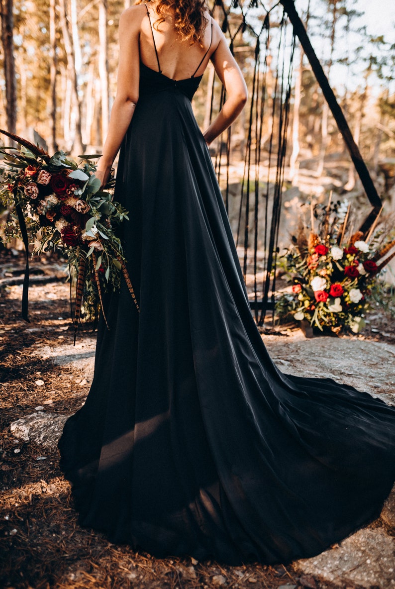 NEW Black slip dress with huge train, bridal black silk satin slip dress, black silk dress, black maxi silk gown thin straps Mermaid slip image 5