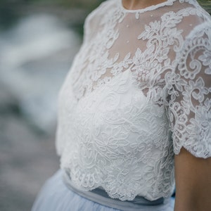 Belle Buttoned back Wedding Lace Crop Top,  White or Ivory Lace Crop Top Tops, Engagement lace top plus size