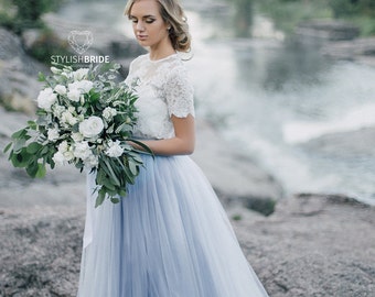 Dusty Blue & Indigo Storm Ombre Hochzeit Tüllrock, Ombre Blauer Tüllrock Brautkleid, Rustikaler Ombre Verlobungsrock, Plus Size Dress