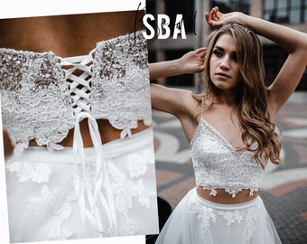 Star Glitter Thin Strapped Crop Top with Lace, Cropped Top, Sparkly Bridal Top, Glitter Shirt, Wedding Top, Glitter Bridal Topper - 2 pieces