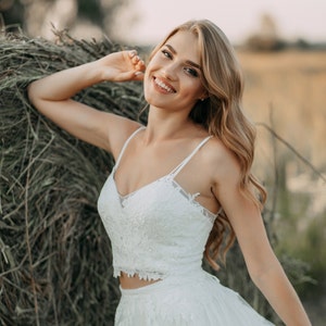 Freya Lace Crop Top with Spaghetti Straps and Silk Bustier - 2 pieces set, Bridal Lux Handmade  Stylishbrideaccs