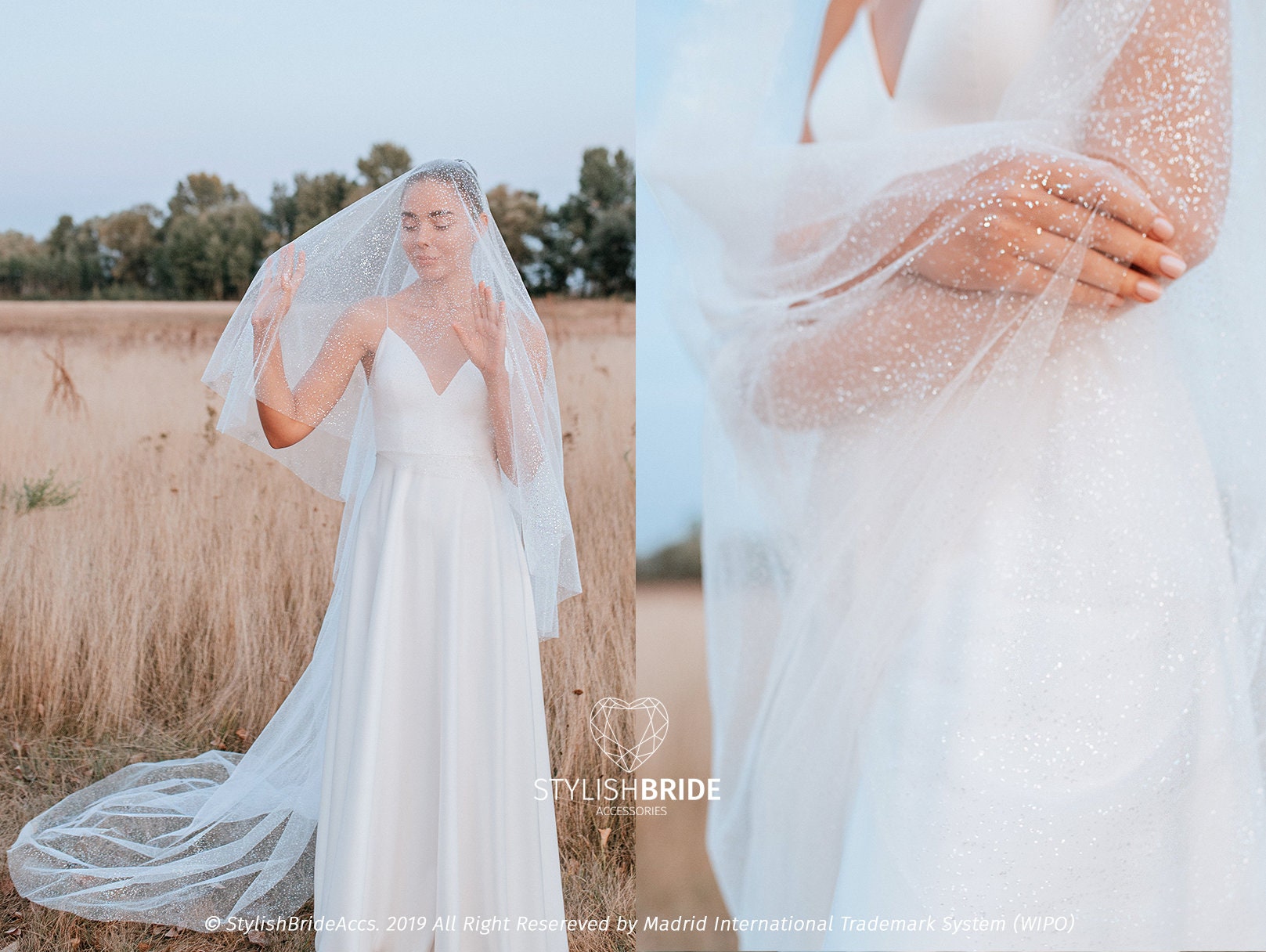 1 Tier Glitter Bride Wedding Veil Fingertip Bachelorette Party Veil  Sparking Bridal Veil for Women and Girls (White) 