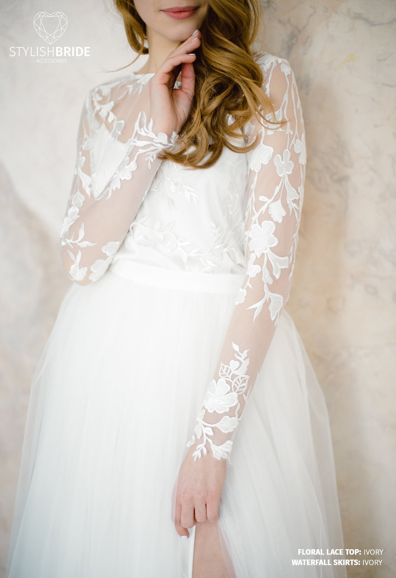 Wedding Floral Dress with Slit, Engagement Simple Lace Dress, Prom Dress Plus Size, Lace Floral Crop Top, Fay Tulle White Ivory Skirt Slit