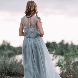 Dusty blue bridesmaid dress, dusty blue casual maxi dress, light grey blue boho wedding dress, dusty blue tulle skirt Mary & Waterfall image 3