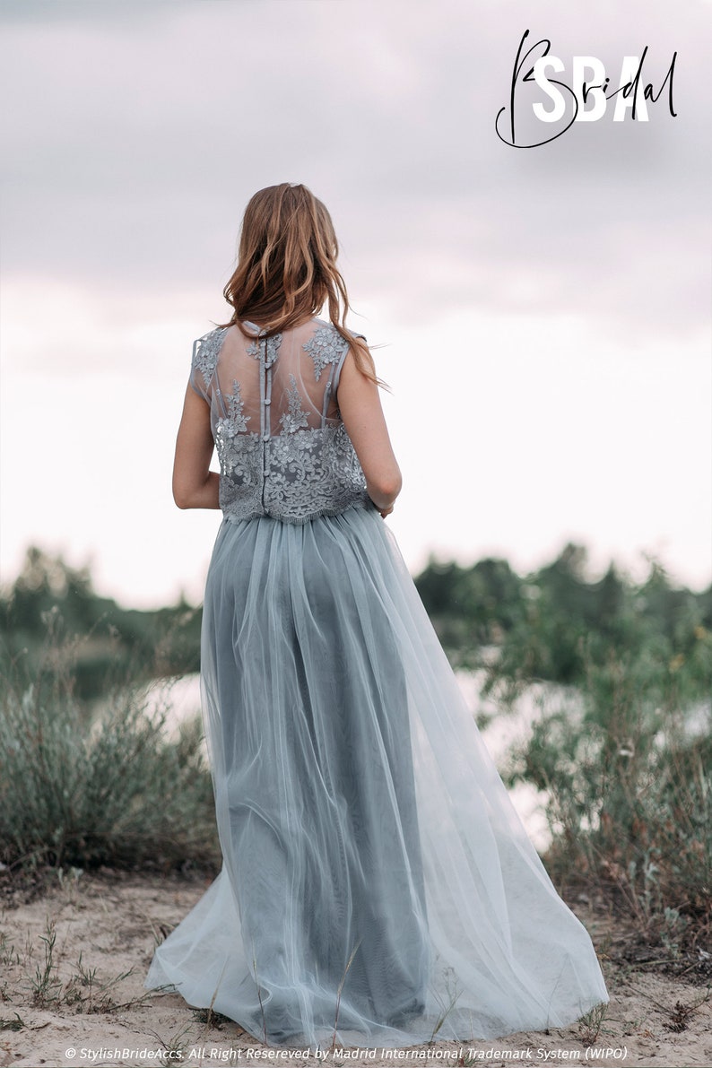 Dusty blue bridesmaid dress, dusty blue casual maxi dress, light grey blue boho wedding dress, dusty blue tulle skirt Mary & Waterfall image 3