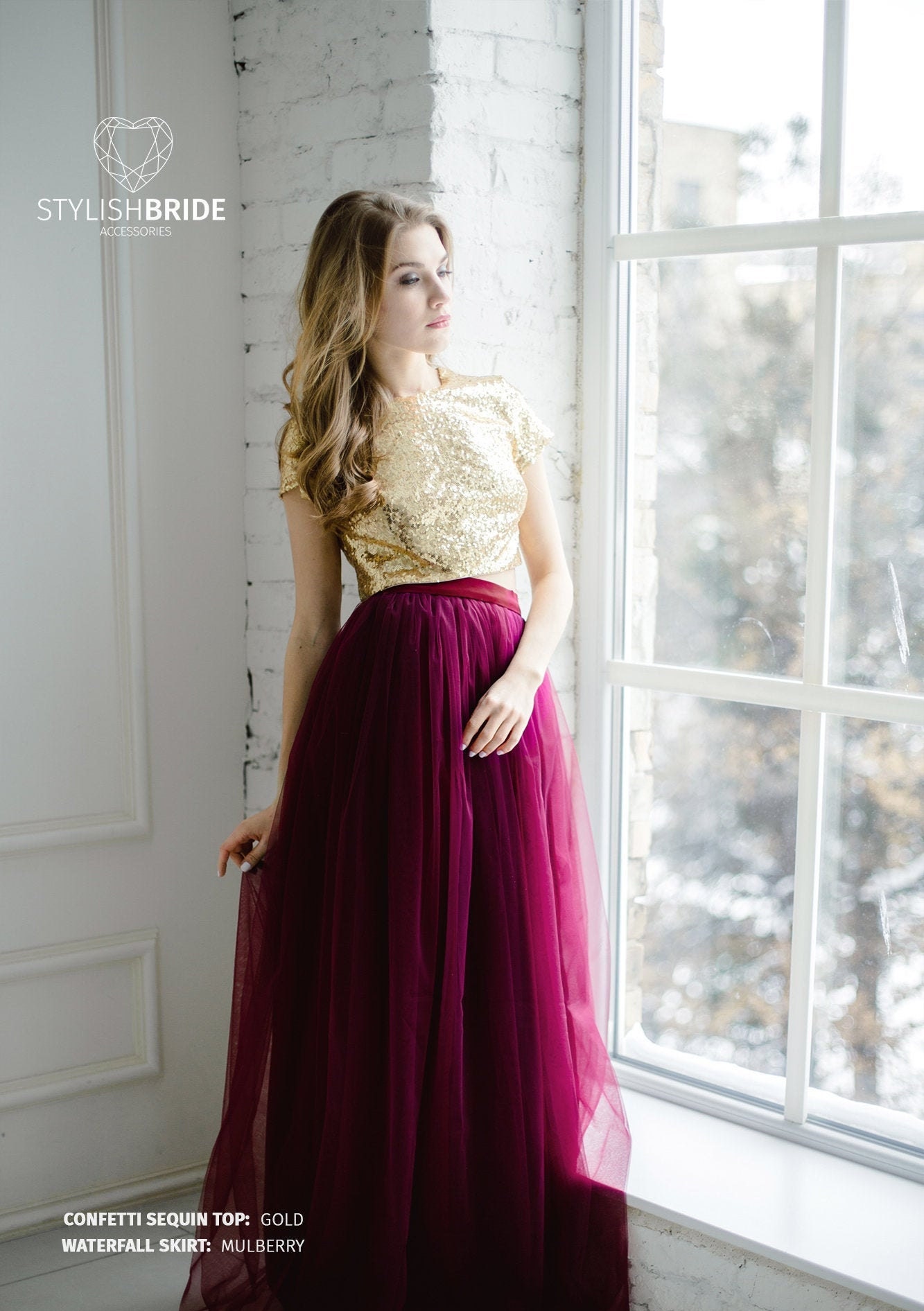 Gold Mulberry Sequin Tulle Dress Wine Tulle Dress for Bridesmaids