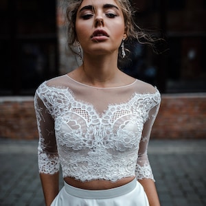 Rosaleen Off Shoulders Lace Top with Long Sleeves, Low Shoulders Lace Bridal Top Buttoned Back, Engagement Lace Party Top, SBA