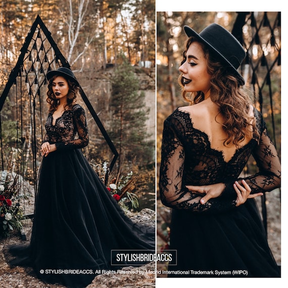 Aster Black Boho Wedding Dress, Black Separates, Two Pieces Black Floral  Lace Bridal Dress With Train ASTER & LUMINA A-line Tulle Skirt 