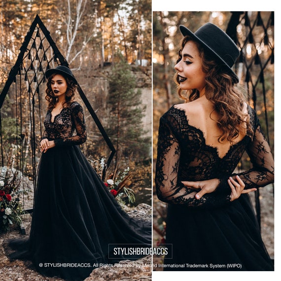 Aster Black Boho Wedding Dress, Black Separates, Two Pieces Black Floral  Lace Bridal Dress With Train ASTER & LUMINA A-line Tulle Skirt 