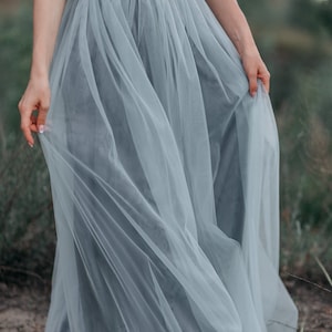 Dusty blue bridesmaid dress, dusty blue casual maxi dress, light grey blue boho wedding dress, dusty blue tulle skirt Mary & Waterfall image 4