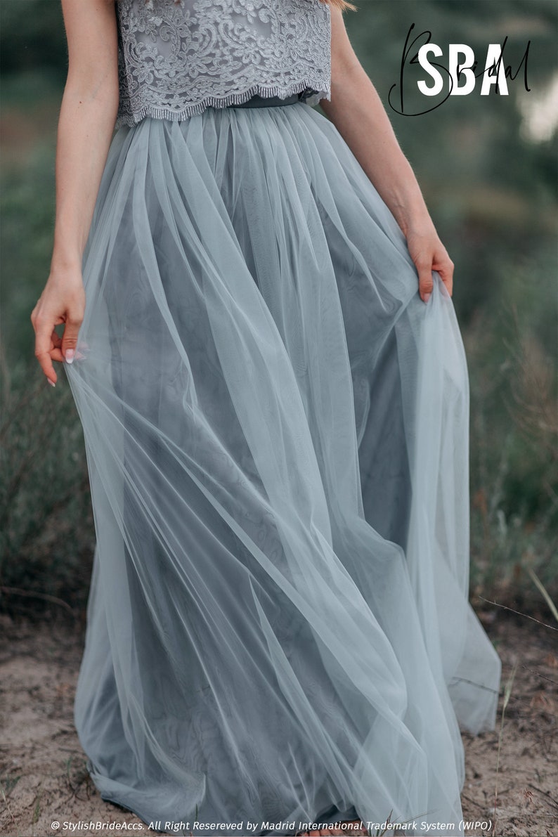 Dusty blue bridesmaid dress, dusty blue casual maxi dress, light grey blue boho wedding dress, dusty blue tulle skirt Mary & Waterfall image 4