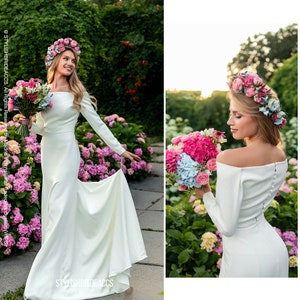 Grace: Fit And Flare Crepe Romantic Simple Wedding Dress With Long Sleeves & Off The Shoulder