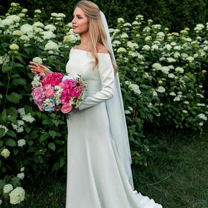 Crepe Wedding Dress with Long Sleeves and High Back, Bridal Reception Dress, Off The Shoulder Top with Fit And Flare Skirt | Grace