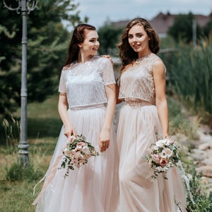 Glitter Bridesmaid Separates, Glitter Waves Crop Tops with Waterfall Tulle Skirts, Glitter Bridesmaid Dresses
