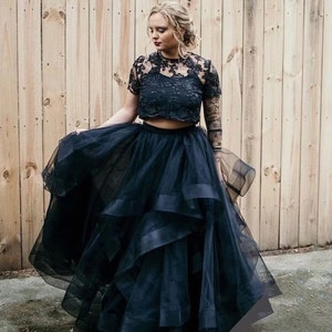 Black Wedding Separates Lace wedding top with long sleeves and all buttoned back and tulle skirt Black Gothic Engagement Dress | Swan set
