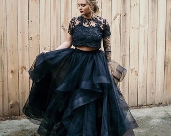 Black Wedding Separates Lace wedding top with long sleeves and all buttoned back and tulle skirt Black Gothic Engagement Dress | Swan set