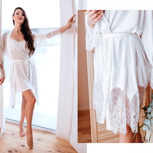 Bridal silk robe lace set, lace bridal robe and nightgown, wedding robe set, lace silk robe, lace nightgown | Tenderness