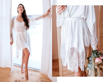 Bridal silk robe lace set, lace bridal robe and nightgown, wedding robe set, lace silk robe, lace nightgown | Tenderness