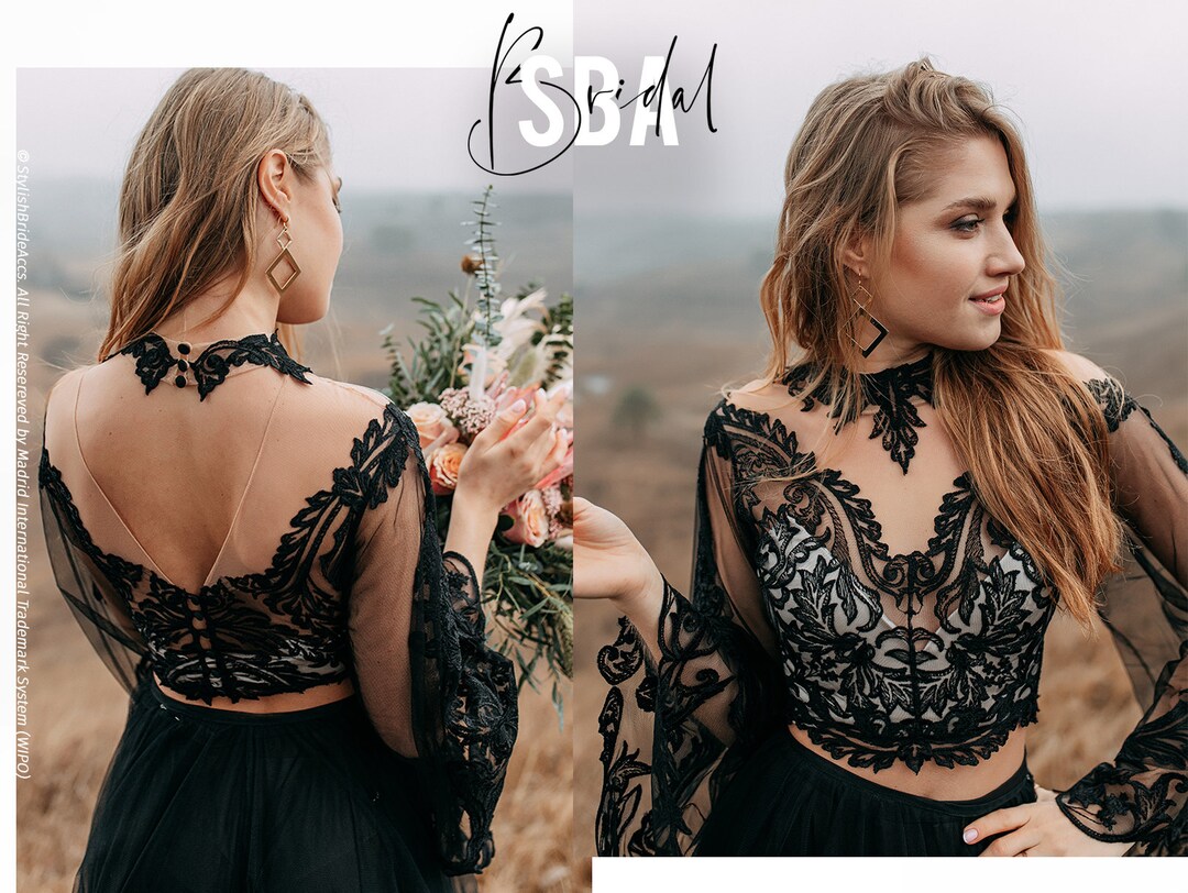 Boho Alice Lux off Shoulders Black Floral Lace Top With Flared