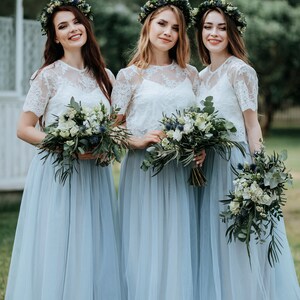 Dusty Blue Boho Bridesmaids Separates: Rustic Bridesmaid Dresses, Dusty Blue Waterfall Tulle Skirt and Belle Lace Top Available in Plus Size image 3